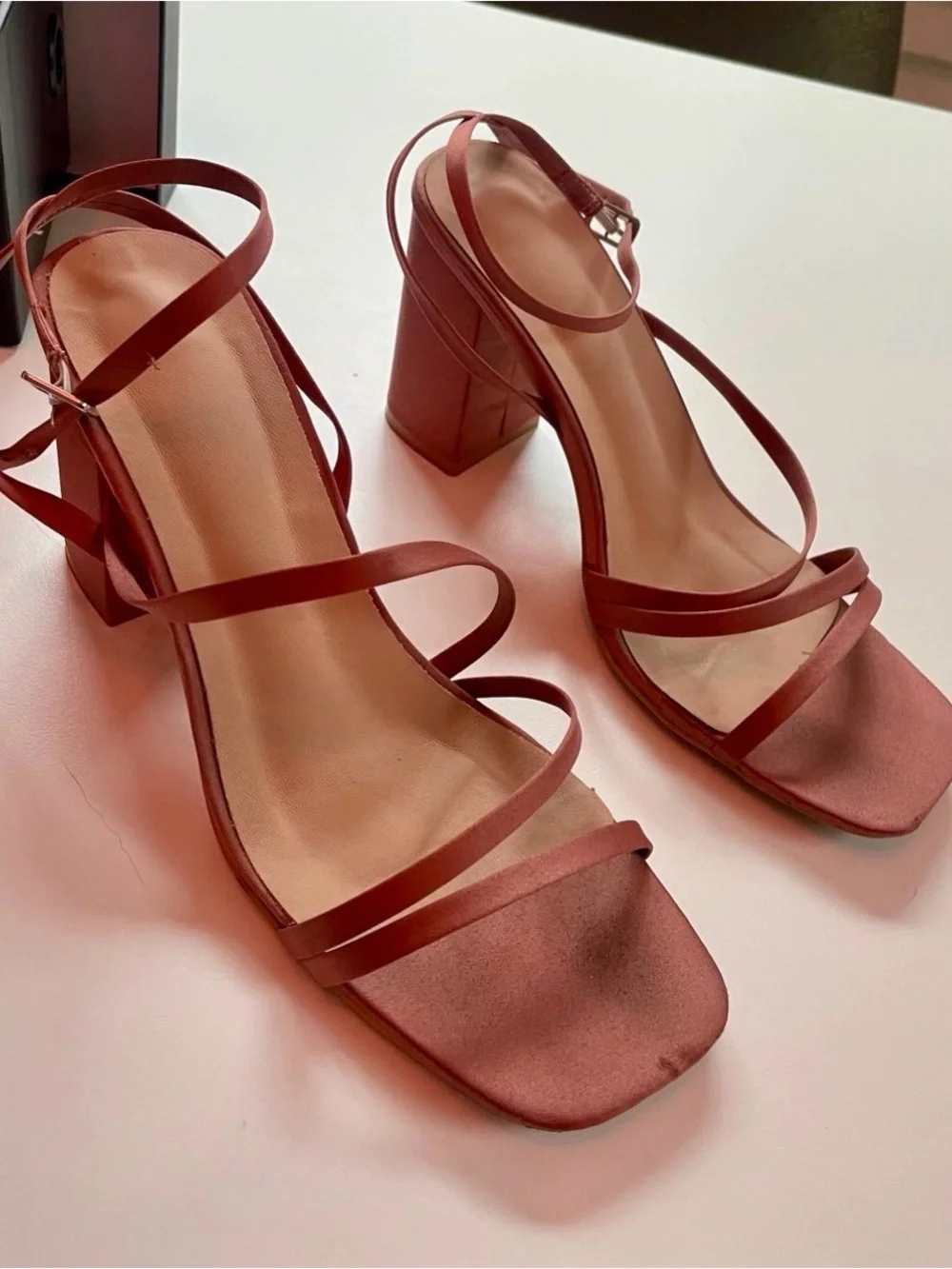 Azazie Satin Strappy Block Heel Sandals in cedar rose
